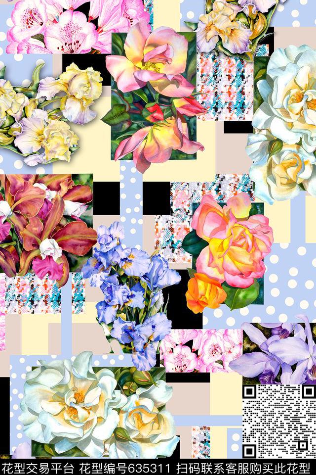 拼接几何花卉数码印花华亿平台下载（图片编号: 635311） - 瓦栏（Walan）