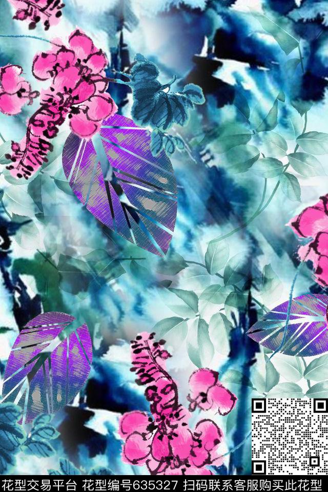 流行时尚连衣裙水彩花卉叶子数码印花华亿平台下载（图片编号: 635327） - 瓦栏（Walan）