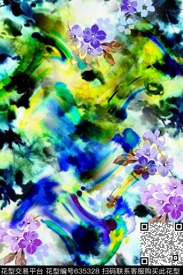 流行时尚连衣裙手绘花卉数码印花华亿平台下载（图片编号: 635328） - 瓦栏（Walan）