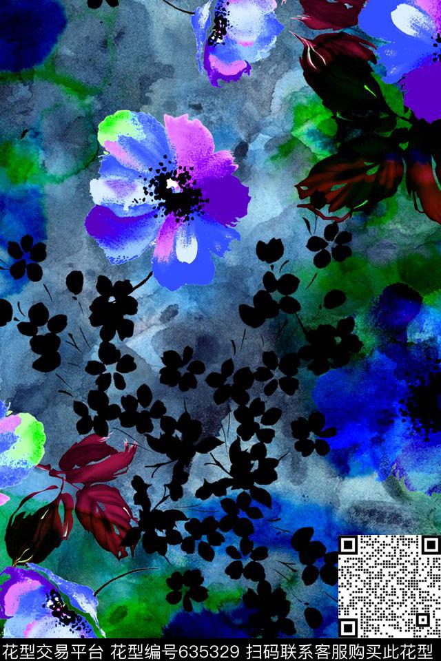 流行时尚连衣裙手绘花卉数码印花华亿平台下载（图片编号: 635329） - 瓦栏（Walan）