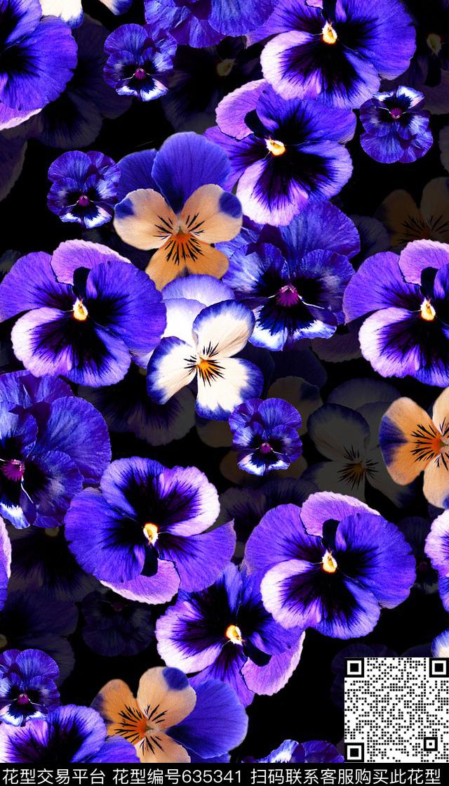深邃蓝色花卉组合数码印花华亿平台下载（图片编号: 635341） - 瓦栏（Walan）