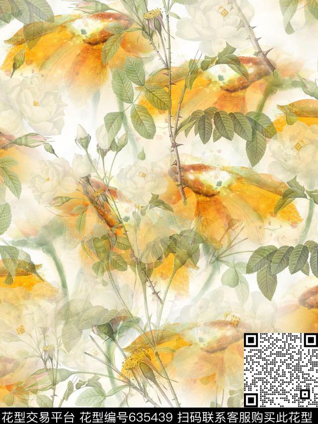 复古、手绘、向日葵、月季数码印花华亿平台下载（图片编号: 635439） - 瓦栏（Walan）
