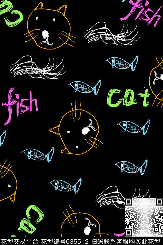 趣味卡通猫头传统印花华亿平台下载（图片编号: 635512） - 瓦栏（Walan）