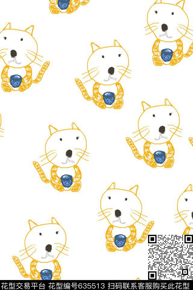 趣味卡通小猫咪传统印花华亿平台下载（图片编号: 635513） - 瓦栏（Walan）