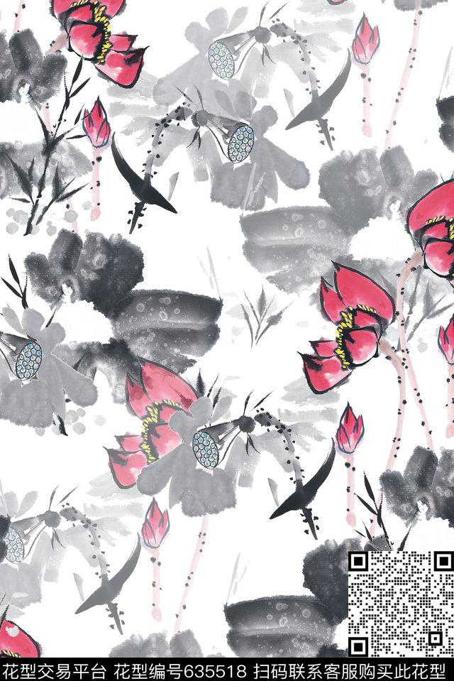花卉荷花水墨数码印花华亿平台下载（图片编号: 635518） - 瓦栏（Walan）