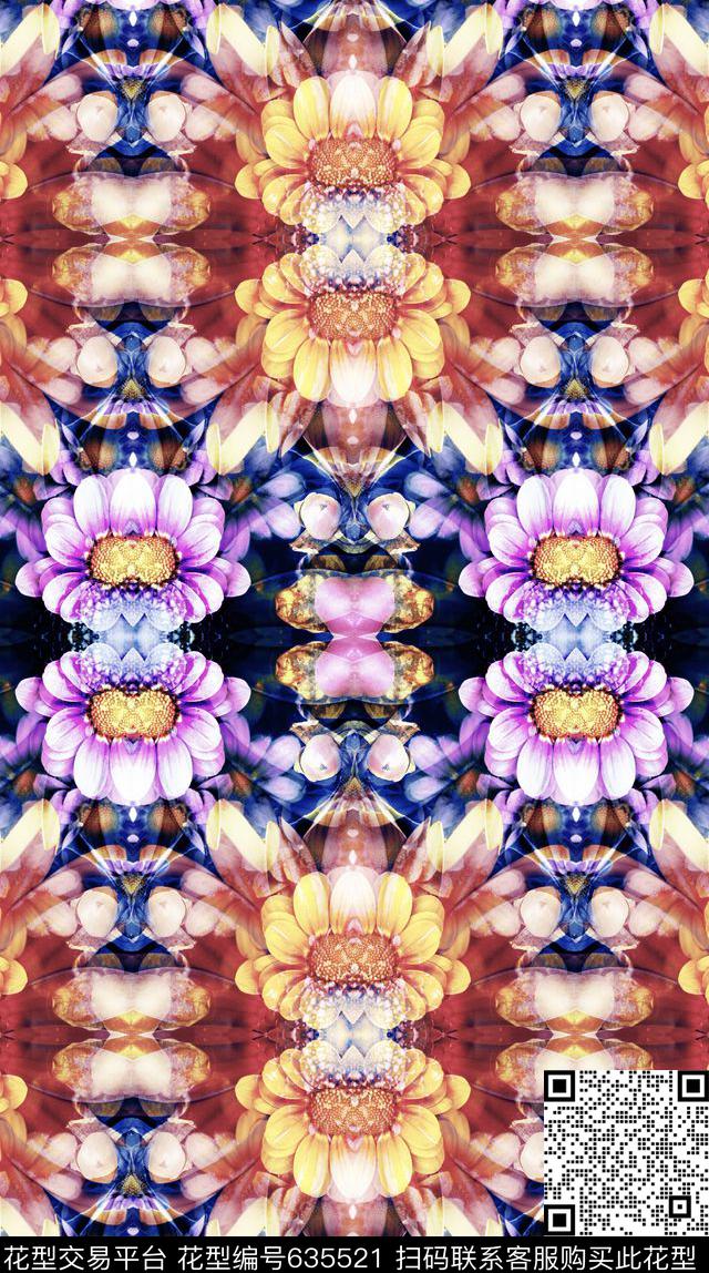 对称、花卉、渐变色数码印花华亿平台下载（图片编号: 635521） - 瓦栏（Walan）