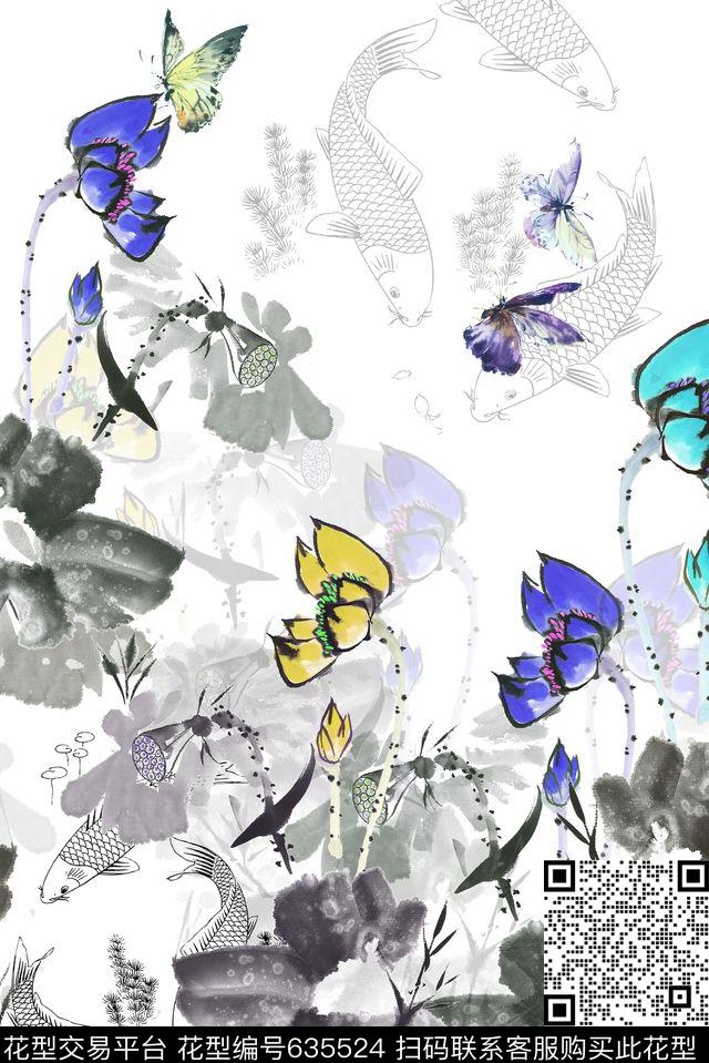 荷花蝴蝶鲤鱼数码印花华亿平台下载（图片编号: 635524） - 瓦栏（Walan）