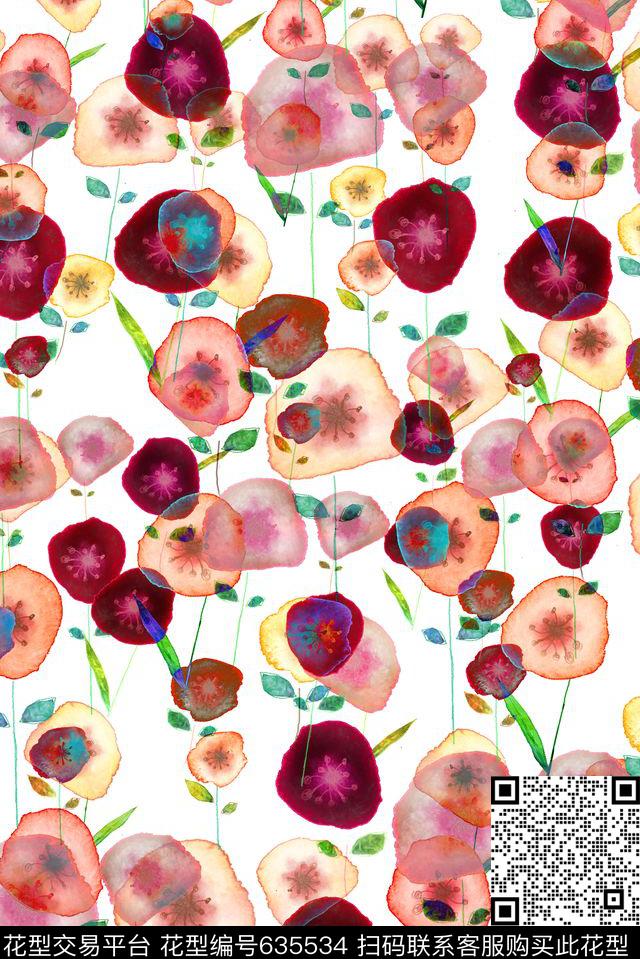 手绘透明花卉数码印花华亿平台下载（图片编号: 635534） - 瓦栏（Walan）
