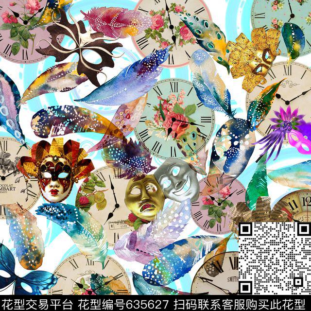 欧式风格时尚水彩羽毛面具数码印花华亿平台下载（图片编号: 635627） - 瓦栏（Walan）