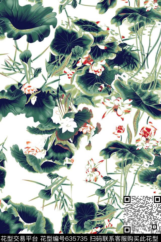 荷叶花卉荷花数码印花华亿平台下载（图片编号: 635735） - 瓦栏（Walan）