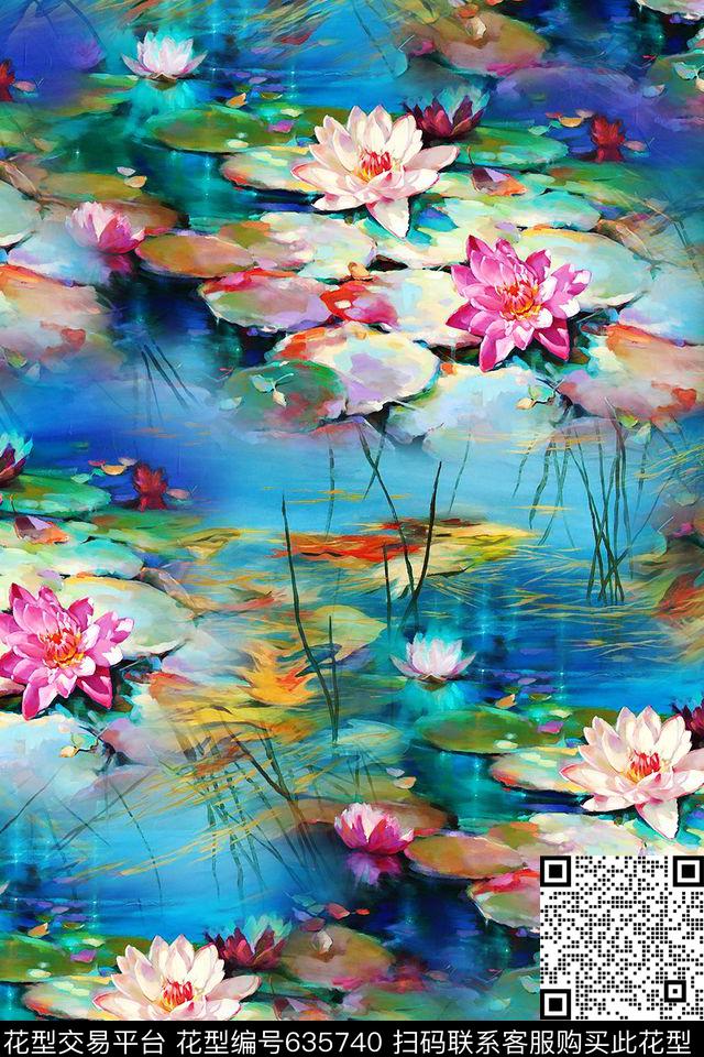 水彩荷花荷叶朦胧数码印花华亿平台下载（图片编号: 635740） - 瓦栏（Walan）