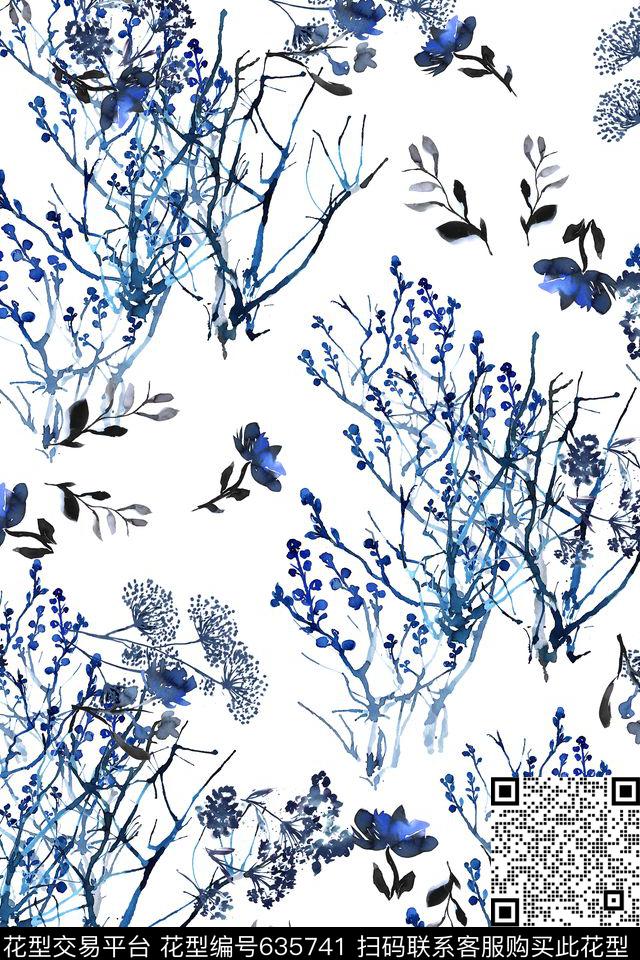 树枝青花蓝小花传统印花华亿平台下载（图片编号: 635741） - 瓦栏（Walan）