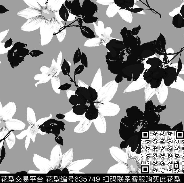 花卉黑白花黑白传统印花华亿平台下载（图片编号: 635749） - 瓦栏（Walan）