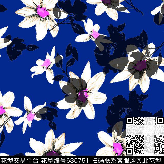 花卉黑白花传统印花华亿平台下载（图片编号: 635751） - 瓦栏（Walan）