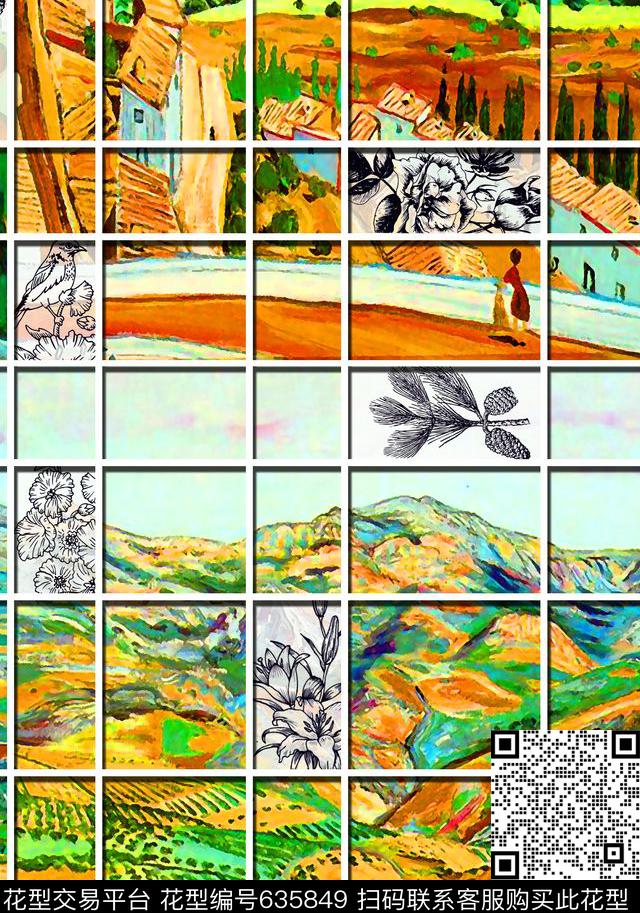 田野格子线描花数码印花华亿平台下载（图片编号: 635849） - 瓦栏（Walan）