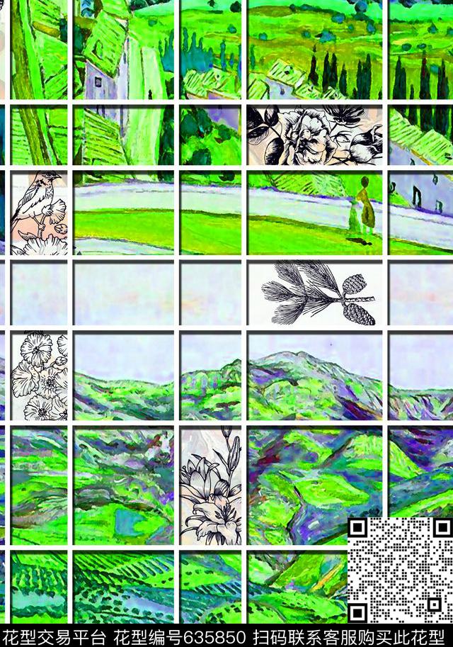格子田野线描花数码印花华亿平台下载（图片编号: 635850） - 瓦栏（Walan）