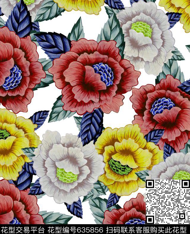 大花玫瑰牡丹数码印花华亿平台下载（图片编号: 635856） - 瓦栏（Walan）