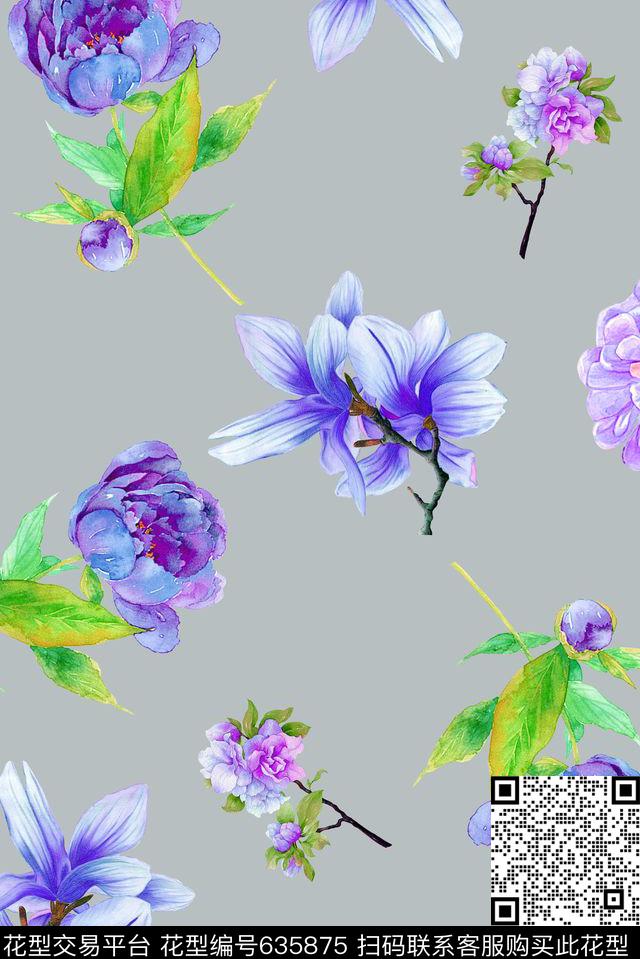时尚潮流手绘水彩花卉数码印花时尚流行设计女装裙子丝巾印花时尚潮流春夏清爽花卉印花数码印花华亿平台下载（图片编号: 635875） - 瓦栏（Walan）