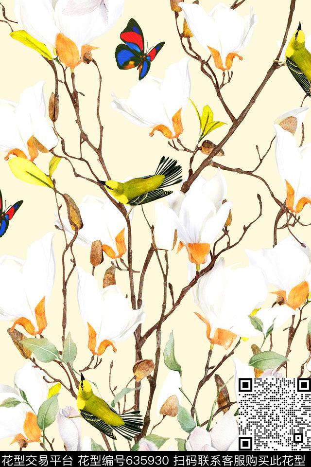 中国风鸟花朵数码印花华亿平台下载（图片编号: 635930） - 瓦栏（Walan）