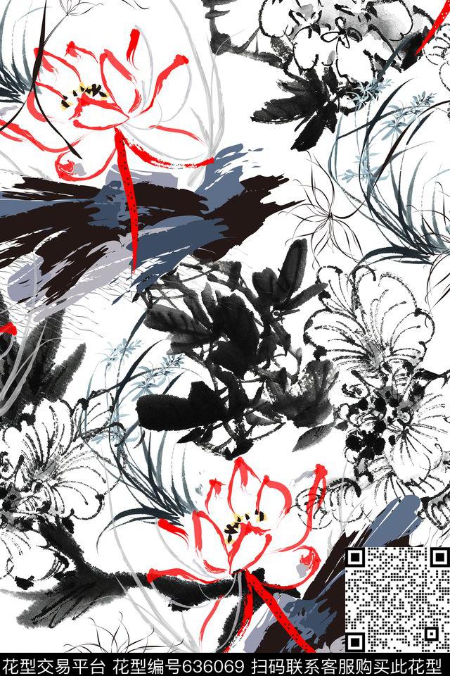 女装水墨花卉数码印花华亿平台下载（图片编号: 636069） - 瓦栏（Walan）