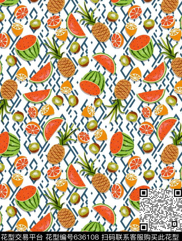 水果几何田园风数码印花华亿平台下载（图片编号: 636108） - 瓦栏（Walan）