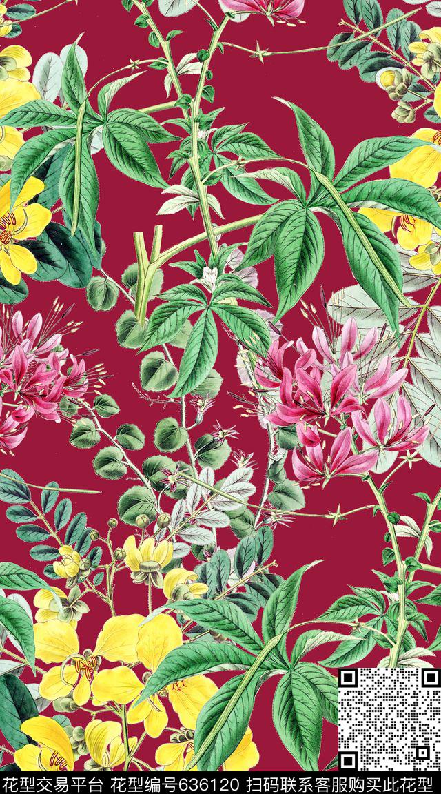 复古花卉流行色花卉数码印花华亿平台下载（图片编号: 636120） - 瓦栏（Walan）