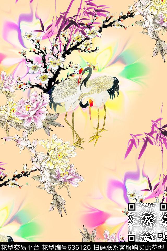 中国风水墨仙鹤数码印花华亿平台下载（图片编号: 636125） - 瓦栏（Walan）