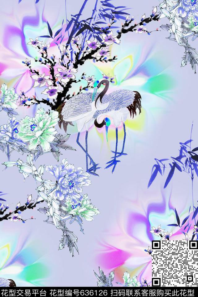 中国风水墨仙鹤数码印花华亿平台下载（图片编号: 636126） - 瓦栏（Walan）