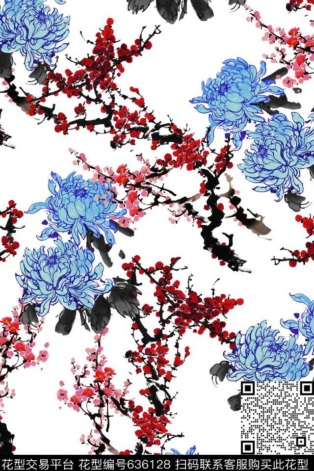 水墨梅花菊花数码印花华亿平台下载（图片编号: 636128） - 瓦栏（Walan）