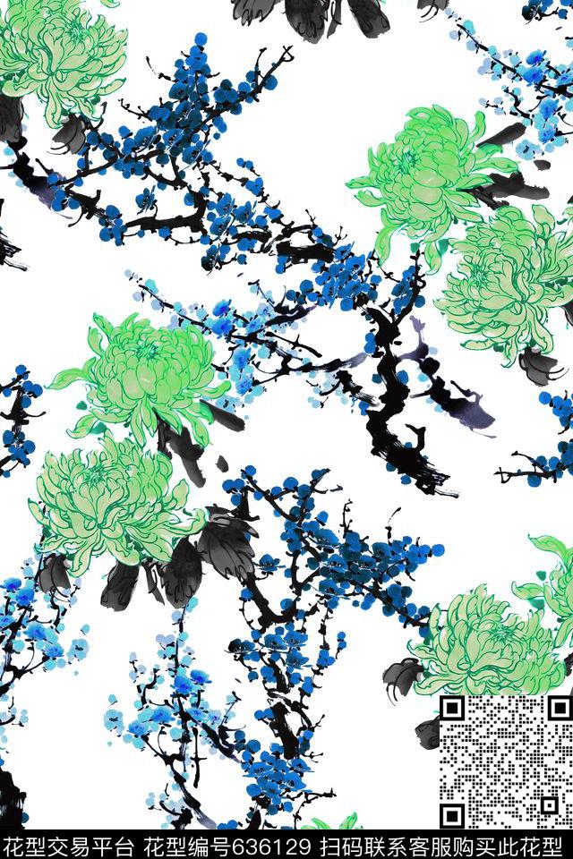 水墨梅花菊花数码印花华亿平台下载（图片编号: 636129） - 瓦栏（Walan）