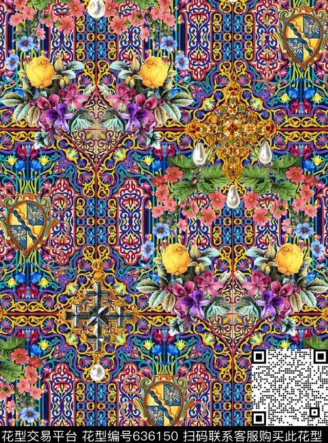 花卉民族风几何格子数码印花华亿平台下载（图片编号: 636150） - 瓦栏（Walan）