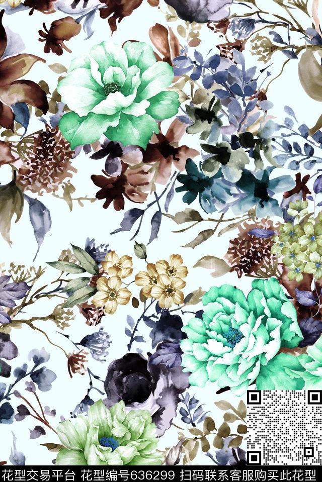 手绘水彩花卉素雅数码印花华亿平台下载（图片编号: 636299） - 瓦栏（Walan）