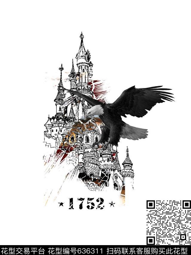 古建筑鹰男装T恤数码印花华亿平台下载（图片编号: 636311） - 瓦栏（Walan）