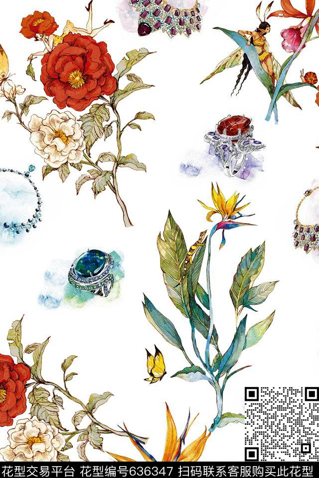 水彩花卉珠宝清新数码印花华亿平台下载（图片编号: 636347） - 瓦栏（Walan）
