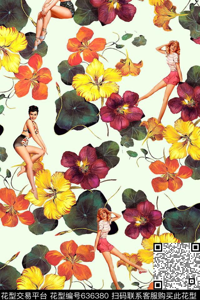 花卉美女油画数码印花华亿平台下载（图片编号: 636380） - 瓦栏（Walan）