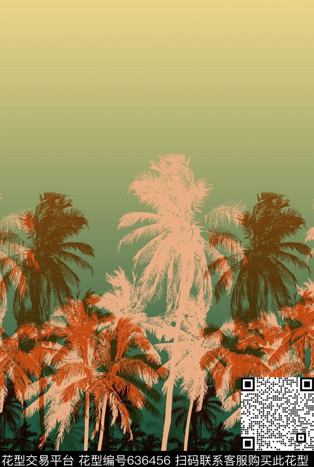 椰子树渐变定位数码印花华亿平台下载（图片编号: 636456） - 瓦栏（Walan）