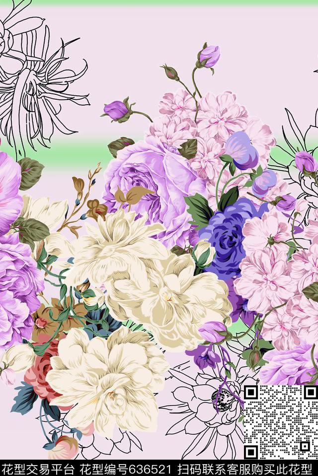 条纹线描花花卉数码印花华亿平台下载（图片编号: 636521） - 瓦栏（Walan）