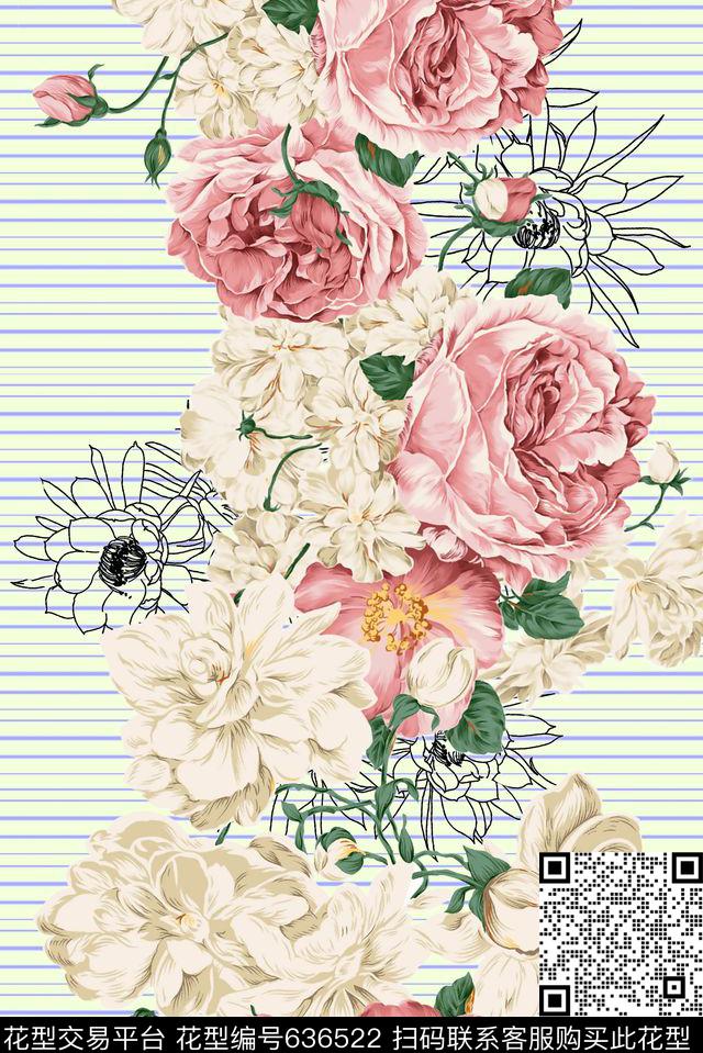 线描花花卉条纹数码印花华亿平台下载（图片编号: 636522） - 瓦栏（Walan）