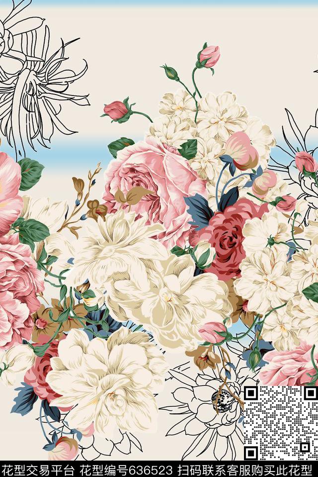条纹线描花花卉数码印花华亿平台下载（图片编号: 636523） - 瓦栏（Walan）