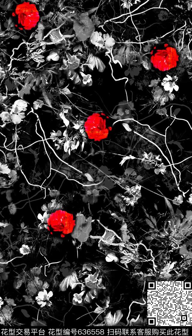 古典红黑花卉组合暗黑时尚数码印花华亿平台下载（图片编号: 636558） - 瓦栏（Walan）