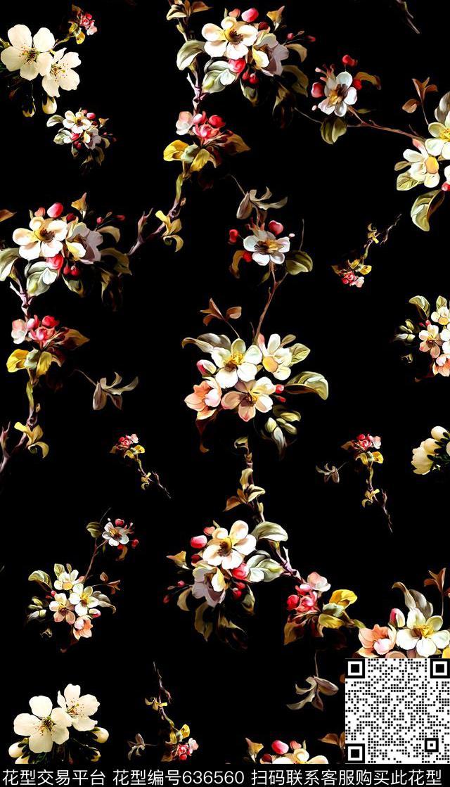 黑底复古花卉女装数码印花华亿平台下载（图片编号: 636560） - 瓦栏（Walan）