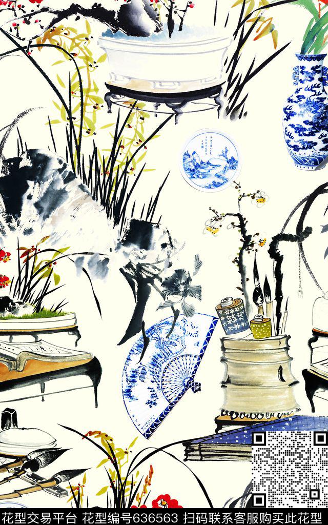 中国风青花兰花数码印花华亿平台下载（图片编号: 636563） - 瓦栏（Walan）