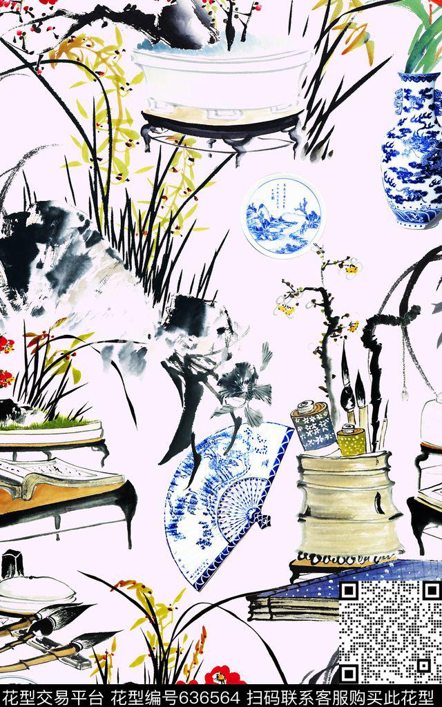 中国风青花兰花数码印花华亿平台下载（图片编号: 636564） - 瓦栏（Walan）