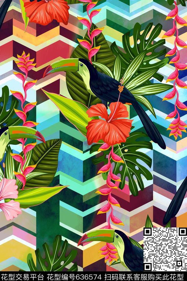 热带风情棕榈叶热带花卉数码印花华亿平台下载（图片编号: 636574） - 瓦栏（Walan）