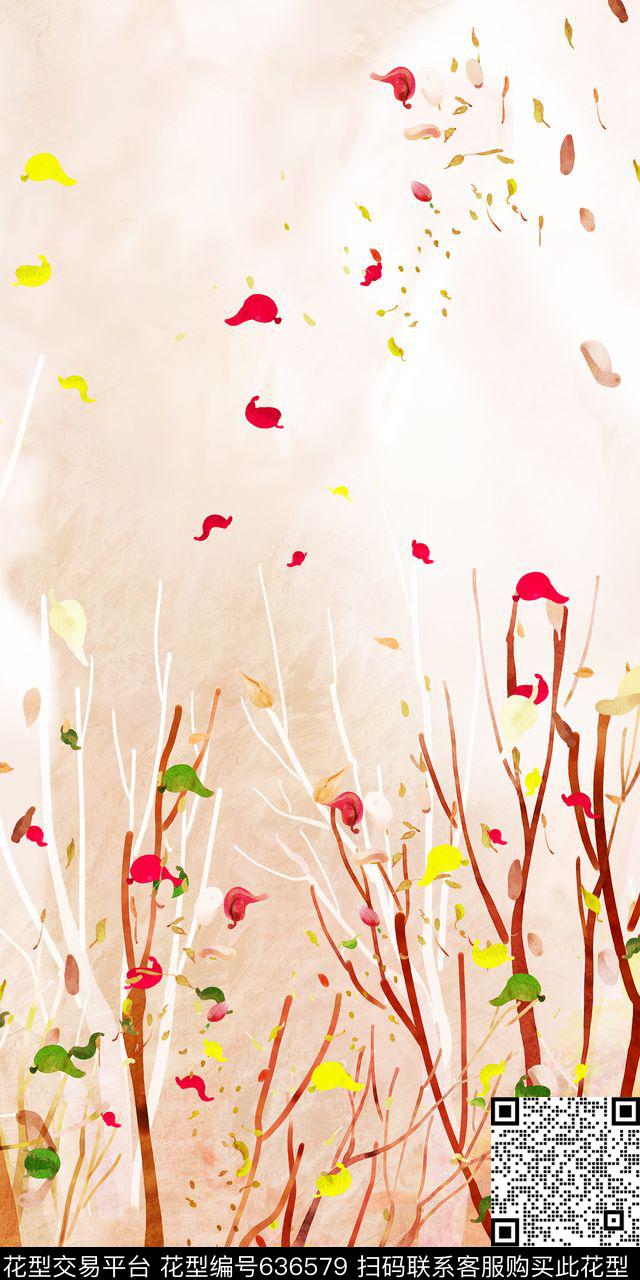 连衣裙树干树枝树叶数码印花华亿平台下载（图片编号: 636579） - 瓦栏（Walan）