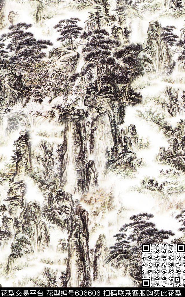 山水画中国风山脉数码印花华亿平台下载（图片编号: 636606） - 瓦栏（Walan）