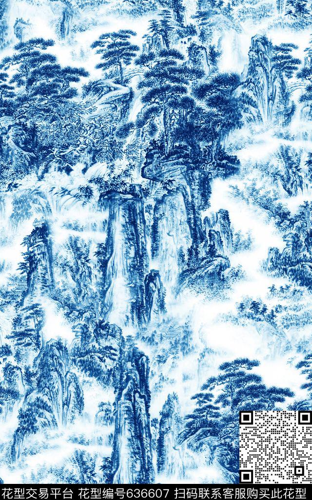 山水画中国风山脉数码印花华亿平台下载（图片编号: 636607） - 瓦栏（Walan）