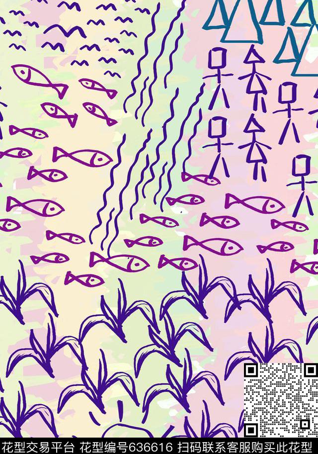 手绘自然风光月儿草传统印花华亿平台下载（图片编号: 636616） - 瓦栏（Walan）