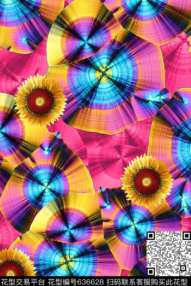 抽象几何彩色霓虹贝壳金属向日葵数码印花华亿平台下载（图片编号: 636628） - 瓦栏（Walan）