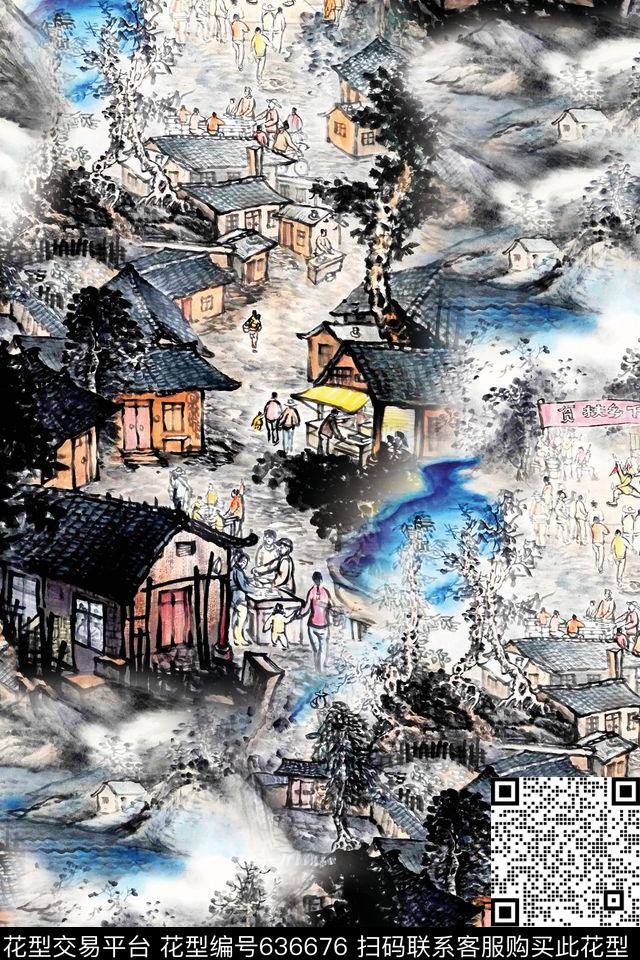 中国风风景人物数码印花华亿平台下载（图片编号: 636676） - 瓦栏（Walan）